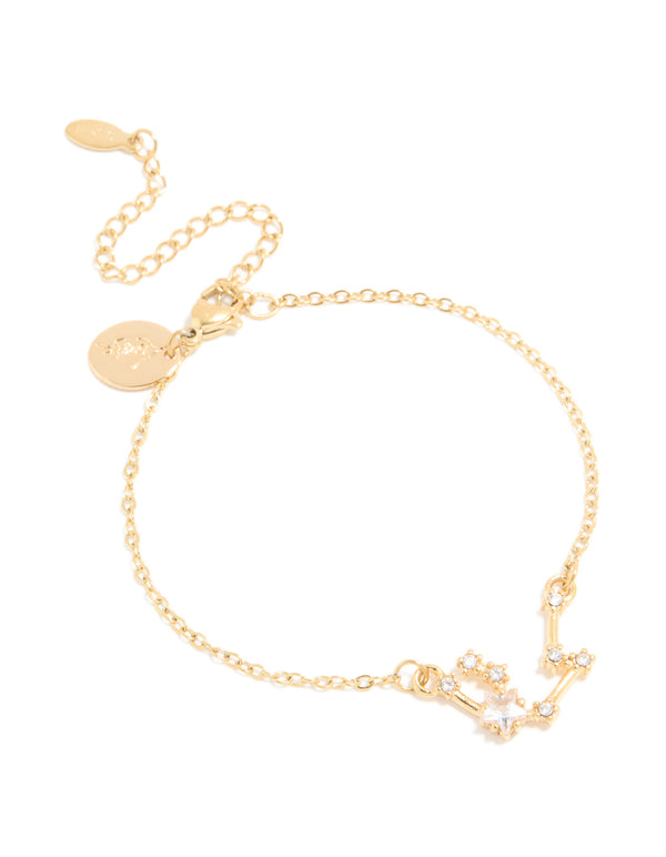 Waterproof Gold Plated Stainless Steel Cubic Zirconia Aquarius Zodiac Sign Bracelet