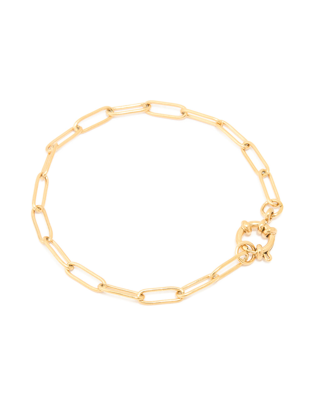Featuring a waterproof gold plated stainless steel fine link dainty clasp bracelet in gold front view