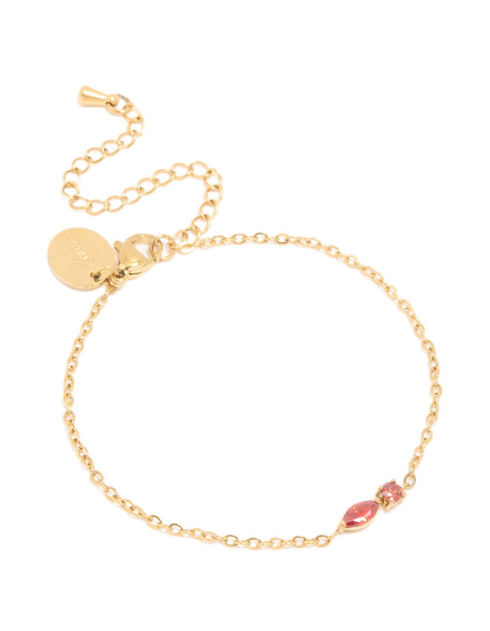 Elegant waterproof gold plated stainless steel July red cubic zirconia birthstone bracelet in dainty style front view