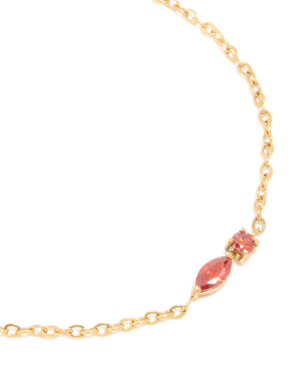 Designed waterproof gold plated stainless steel July red cubic zirconia birthstone bracelet in dainty style close up view