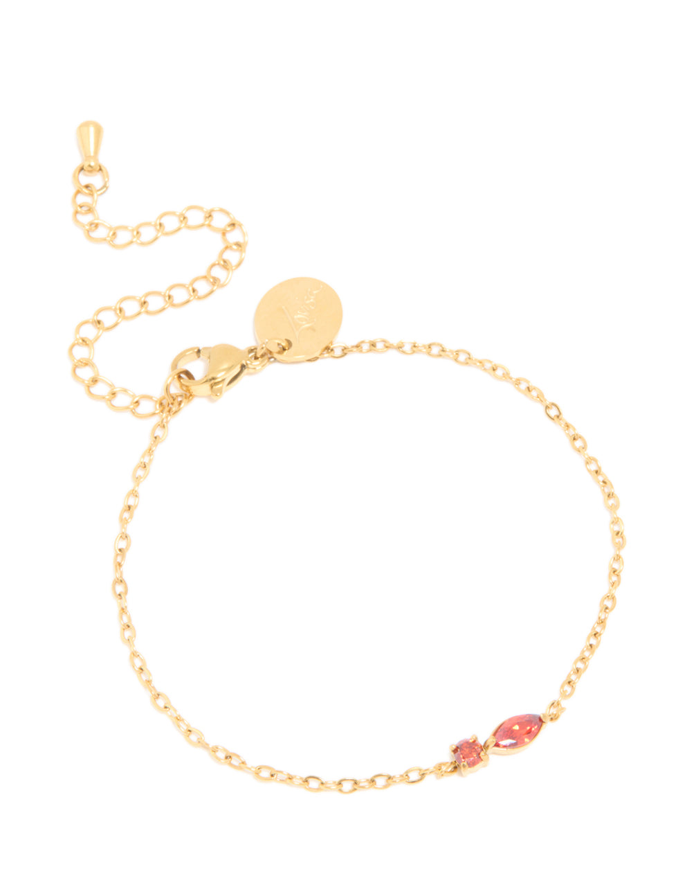 This waterproof stainless steel January birthstone bracelet showcases red cubic zirconia in a dainty style front view