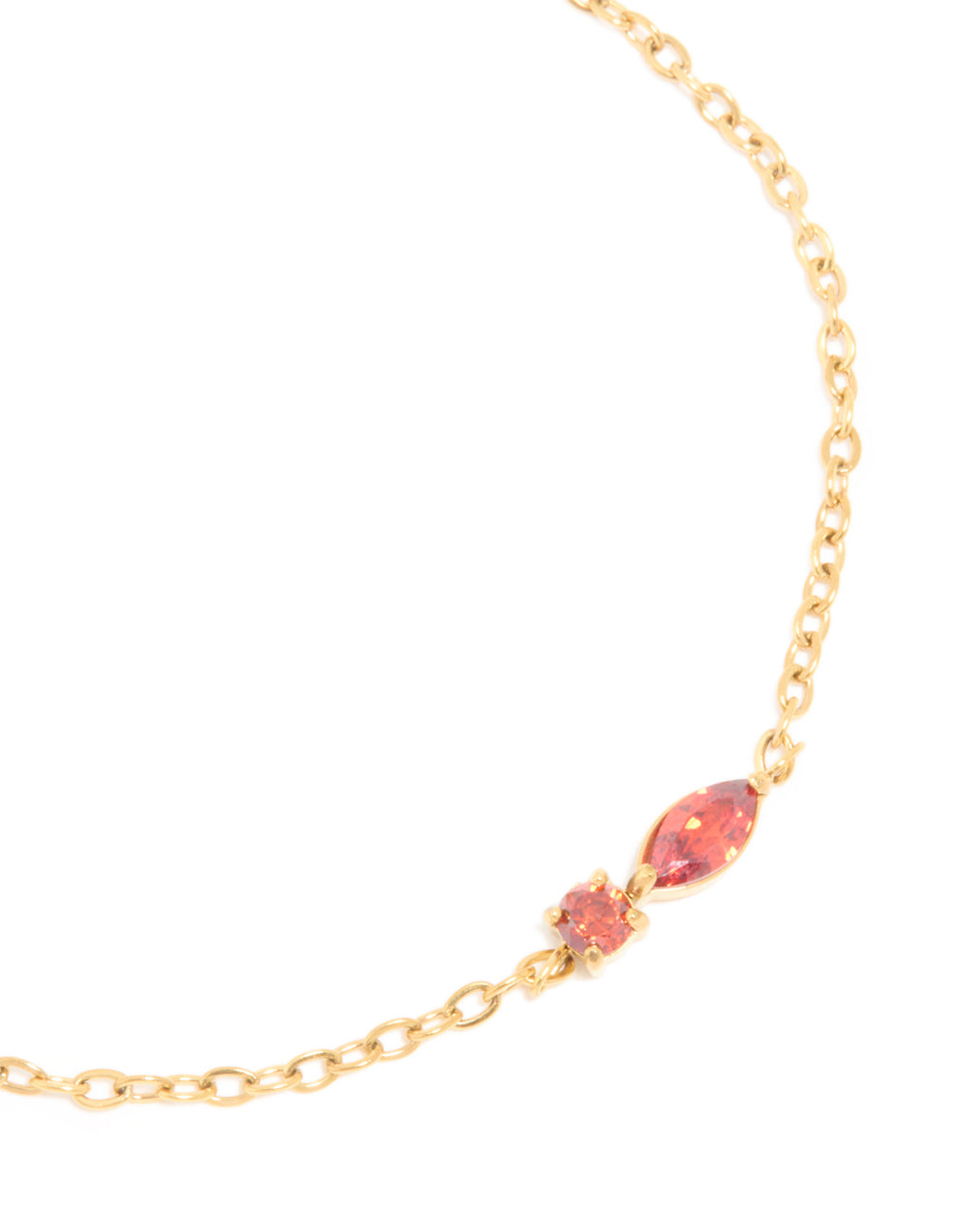 Designed with waterproof stainless steel, this January birthstone bracelet highlights red cubic zirconia in a dainty style close up view