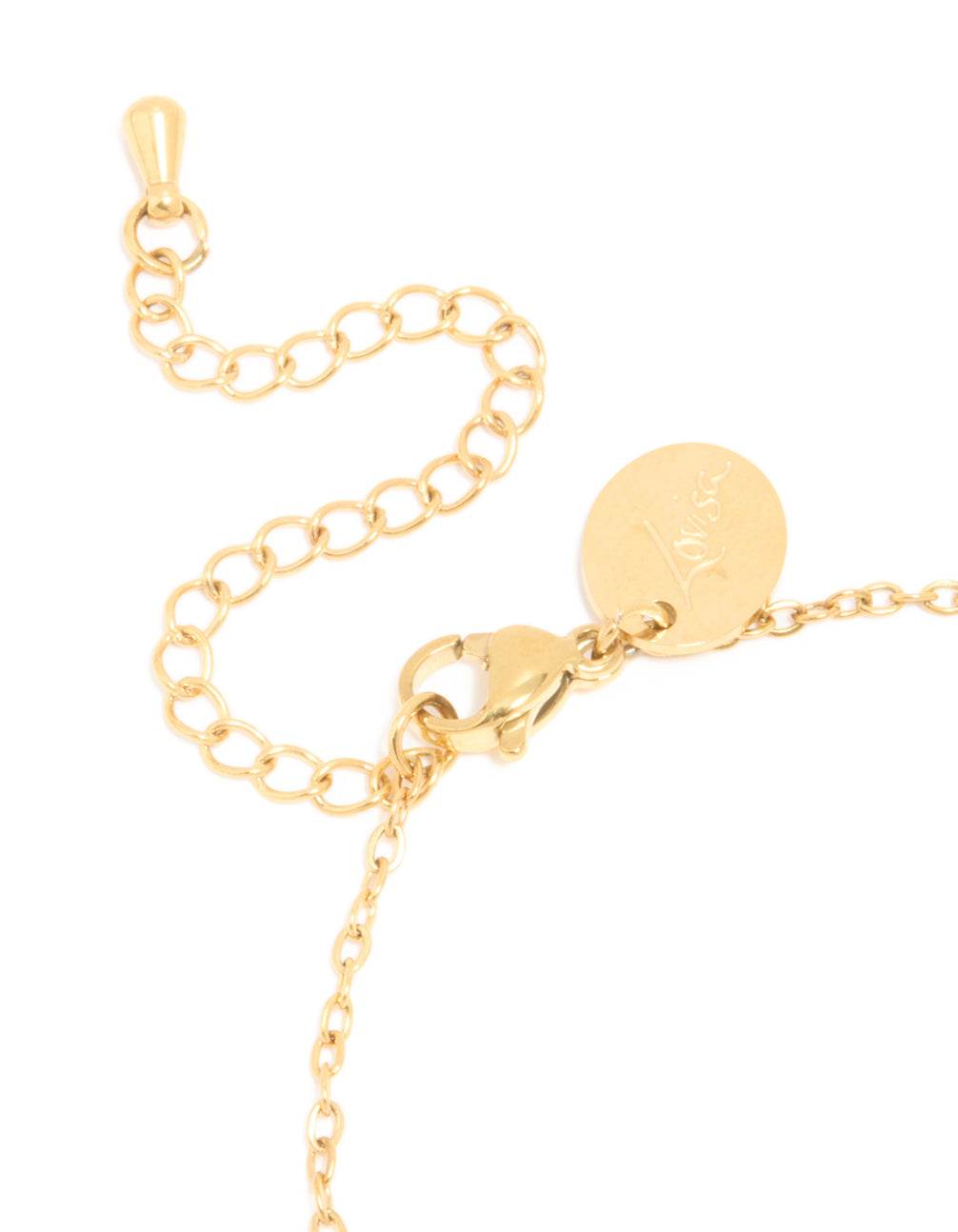 This waterproof stainless steel January birthstone bracelet features red cubic zirconia in a dainty style closure detail view