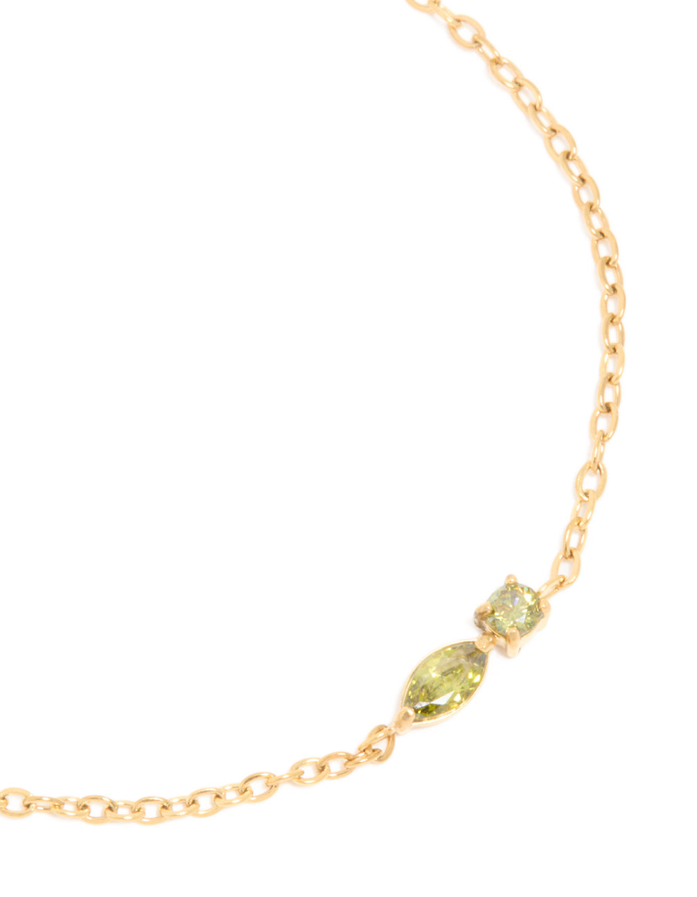 Featuring waterproof gold plated stainless steel August light green cubic zirconia birthstone bracelet close up view