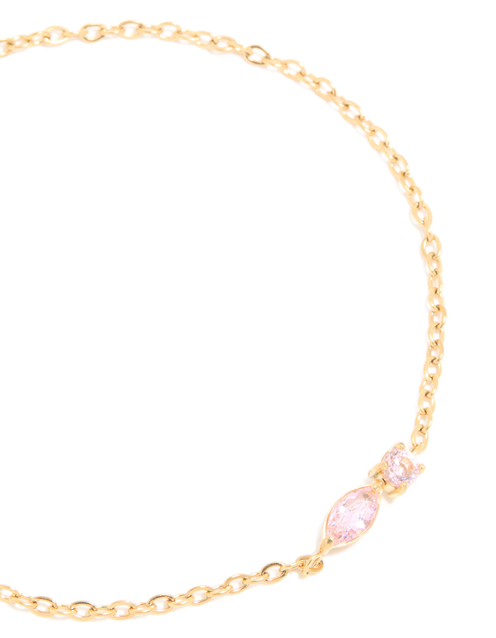 Crafted from waterproof gold plated stainless steel with pink cubic zirconia bracelet close up view