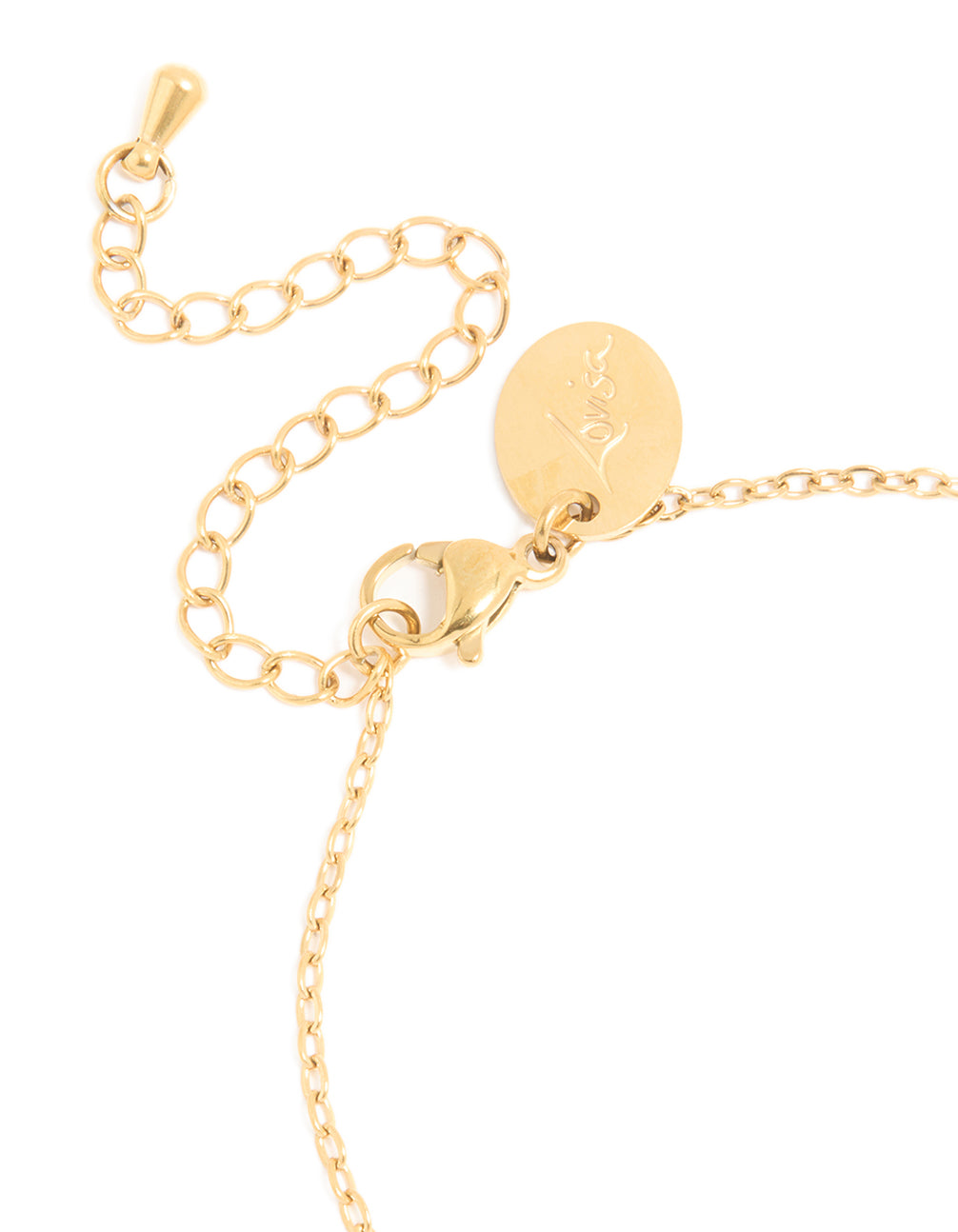 Presenting a waterproof gold plated stainless steel September blue cubic zirconia birthstone bracelet closure detail view