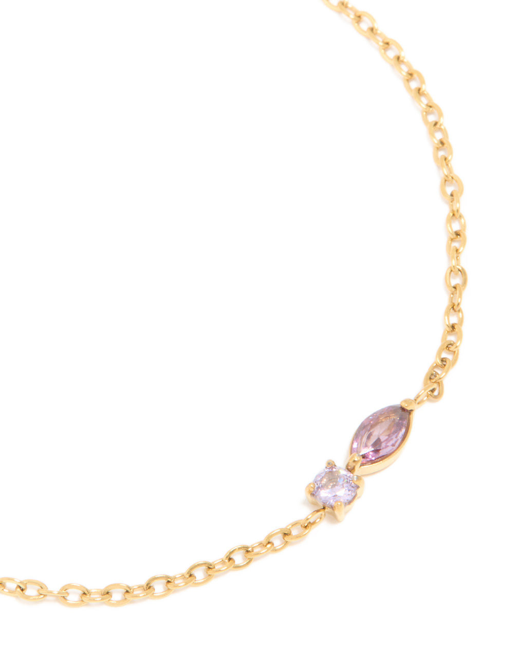 Close-up of a bracelet crafted from waterproof stainless steel with February purple cubic zirconia birthstone settings close up view