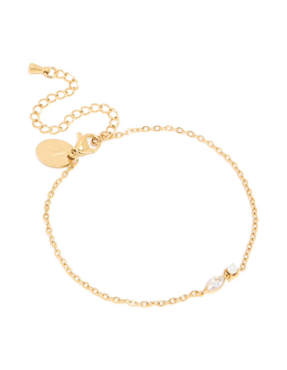 This bracelet is crafted from waterproof gold plated stainless steel featuring cubic zirconia and pearl front view