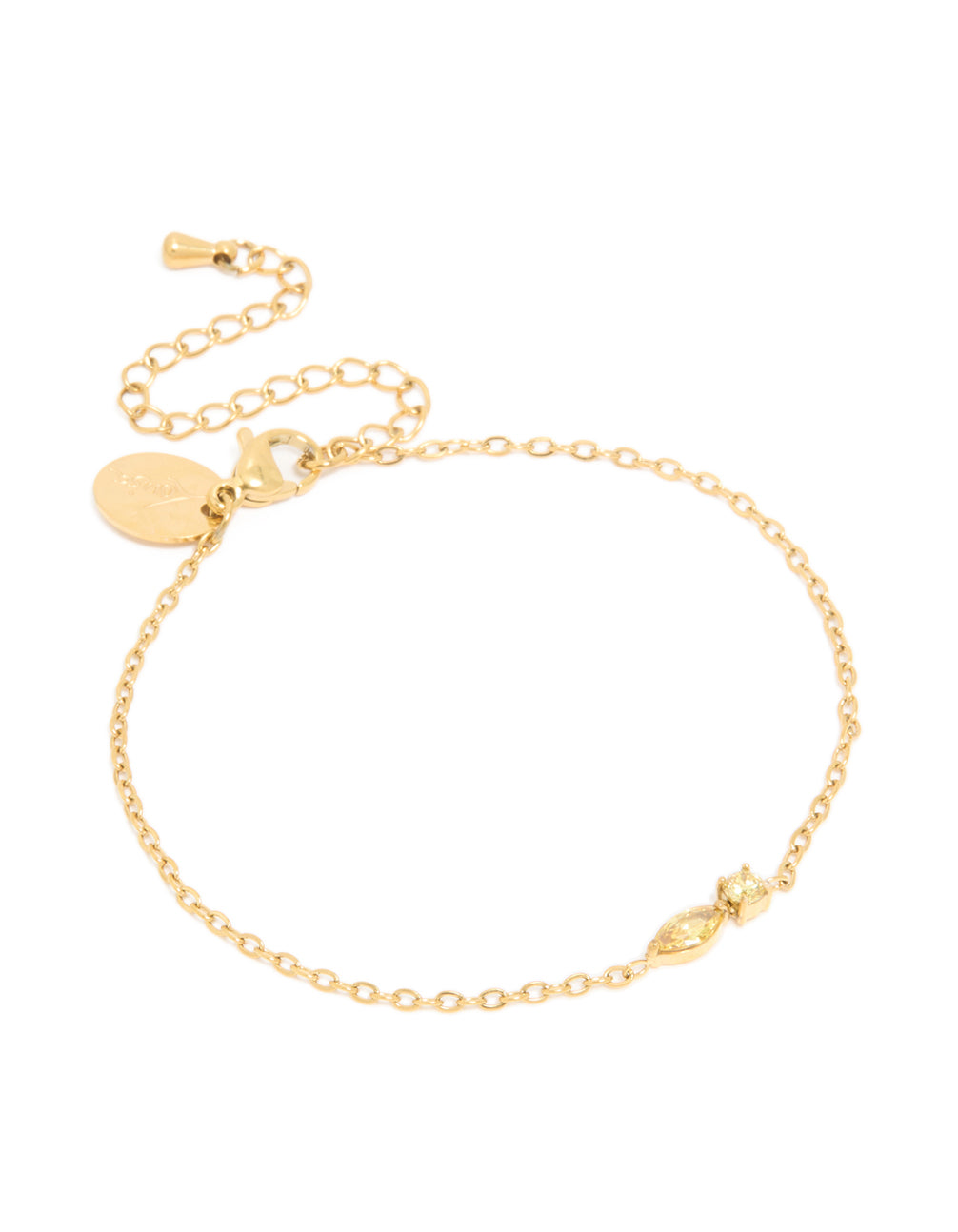 Crafted from waterproof gold plated stainless steel, this November birthstone bracelet features a cubic zirconia with yellow accents front view