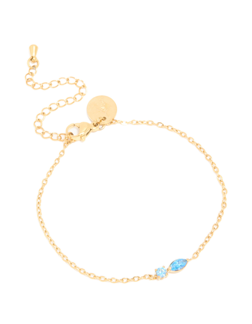 Showcasing a waterproof gold plated stainless steel December blue cubic zirconia birthstone bracelet front view