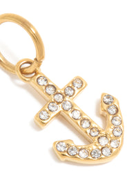 Waterproof Gold Plated Stainless Steel Cubic Zirconia Anchor Charm - link has visual effect only
