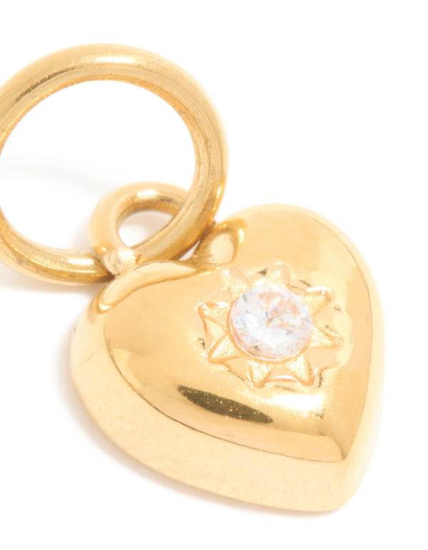 Waterproof Gold Plated Stainless Steel Cubic Zirconia Puffy Heart Charm