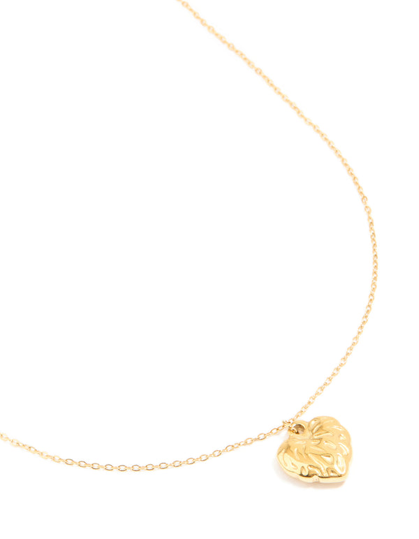 Waterproof Gold Plated Stainless Steel Textured Heart Pendant Necklace