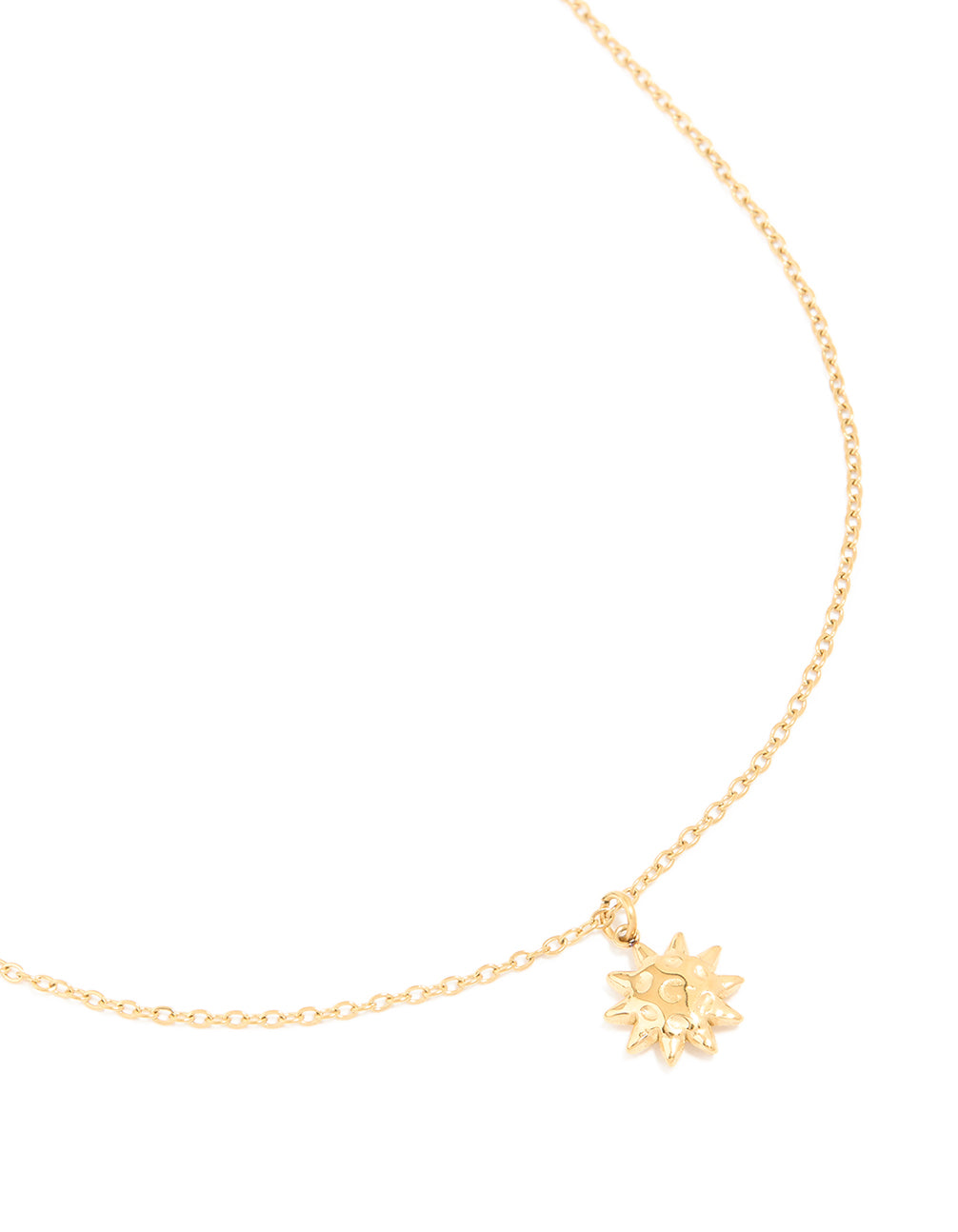 Showcasing a celestial sun pendant necklace crafted from waterproof gold plated stainless steel in gold front view