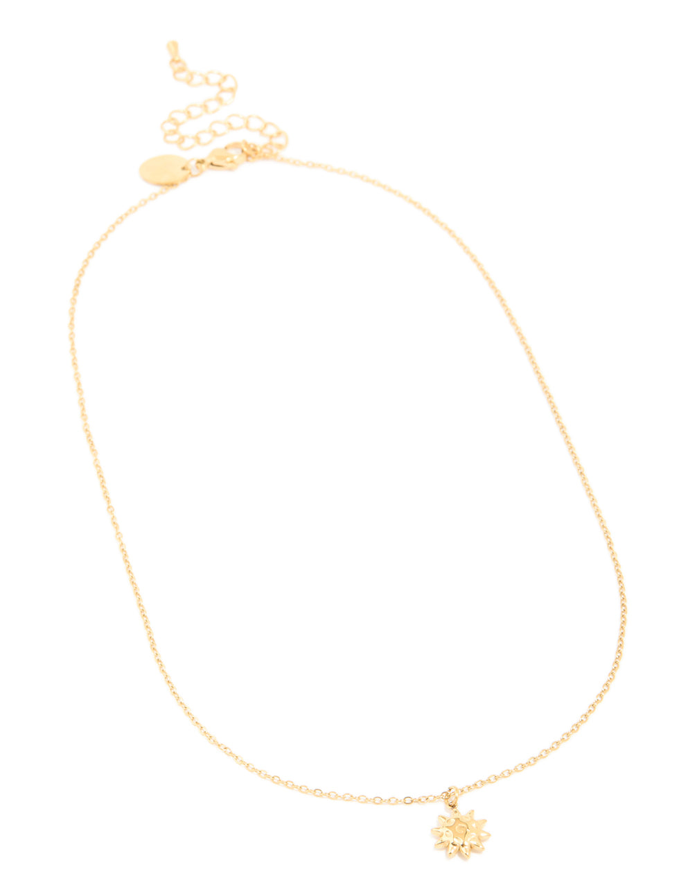 Showcasing a celestial sun pendant necklace crafted from waterproof gold plated stainless steel in gold front view