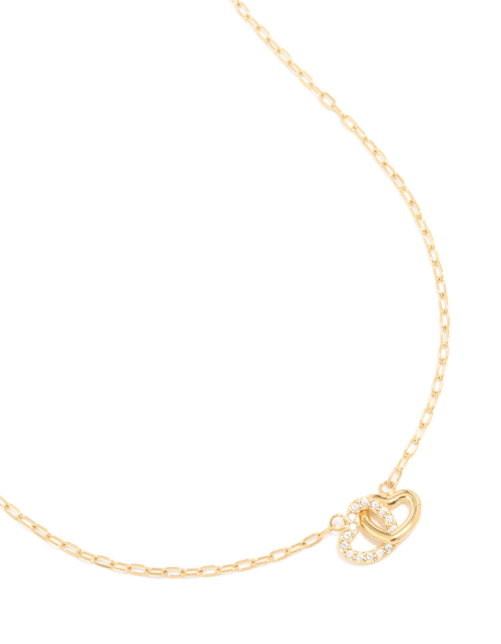 Discover this waterproof interlocking heart pendant necklace crafted from gold plated stainless steel with charm detailing close up view