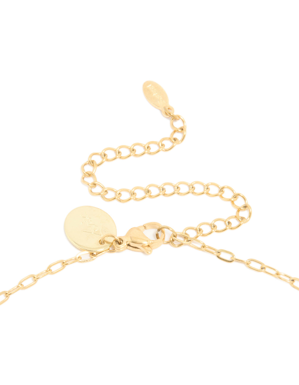 Featuring waterproof gold plated stainless steel interlocking heart pendant necklace with charm clasp detail view