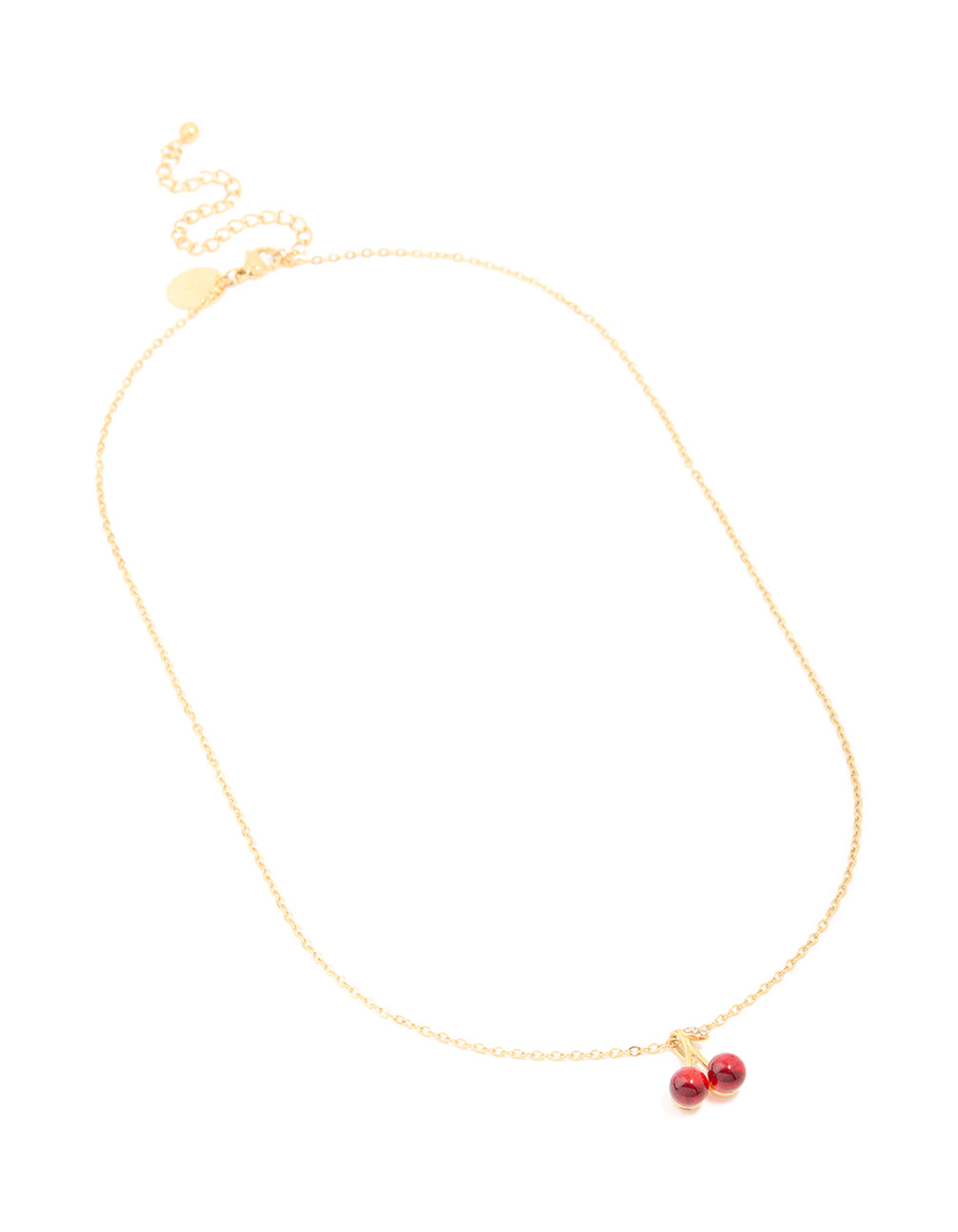 Showcasing a waterproof red glass cherry pendant necklace crafted from gold plated stainless steel front view
