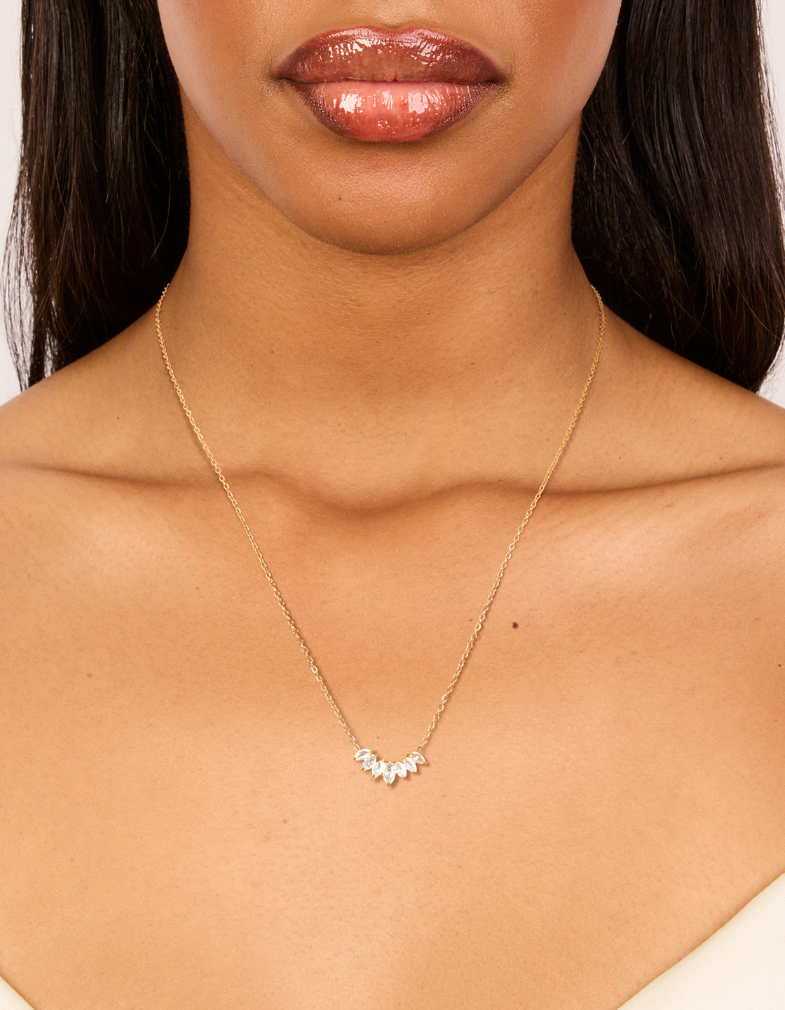 Designed with waterproof gold plated stainless steel cubic zirconia marquise fan necklace on neck view