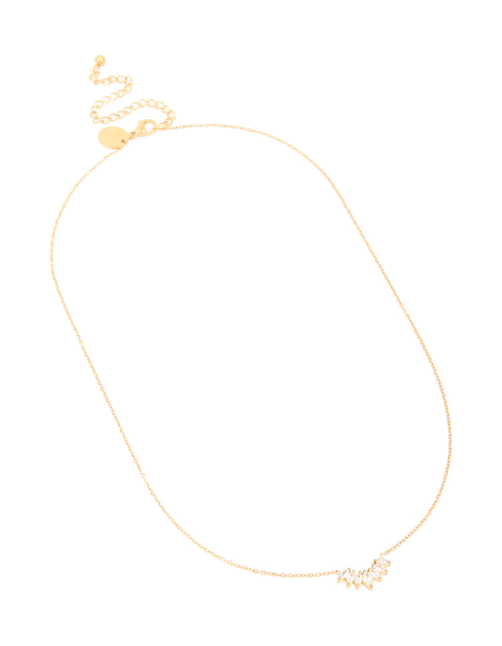 Crafted from waterproof gold plated stainless steel with cubic zirconia marquise cut fan pendant necklace front view
