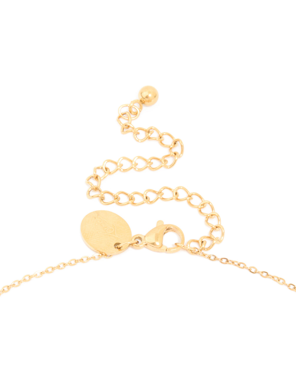 A waterproof gold plated stainless steel cubic zirconia marquise fan necklace clasp detail view