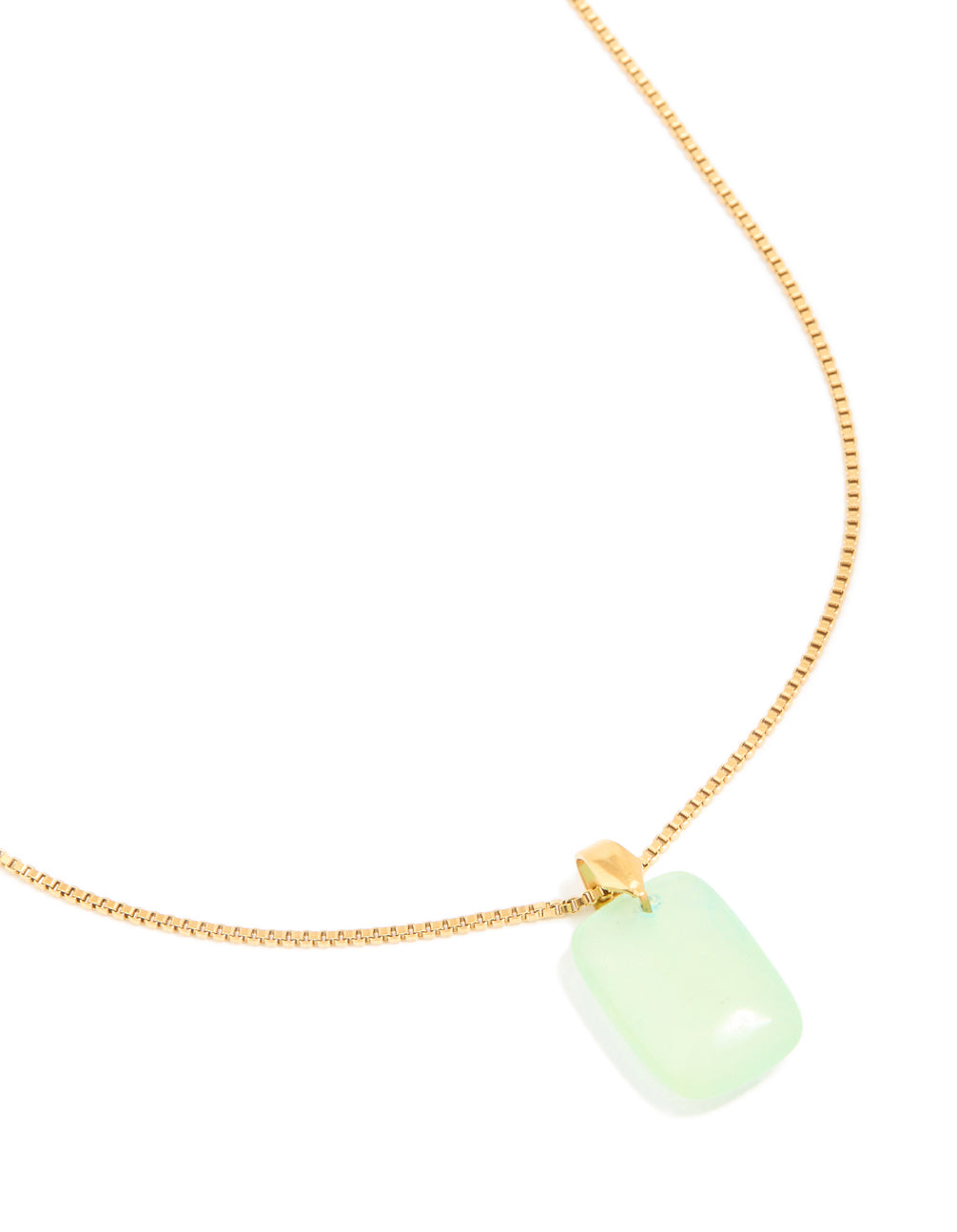 Showcasing a waterproof gold plated stainless steel mint green semi precious stone pendant necklace close up view
