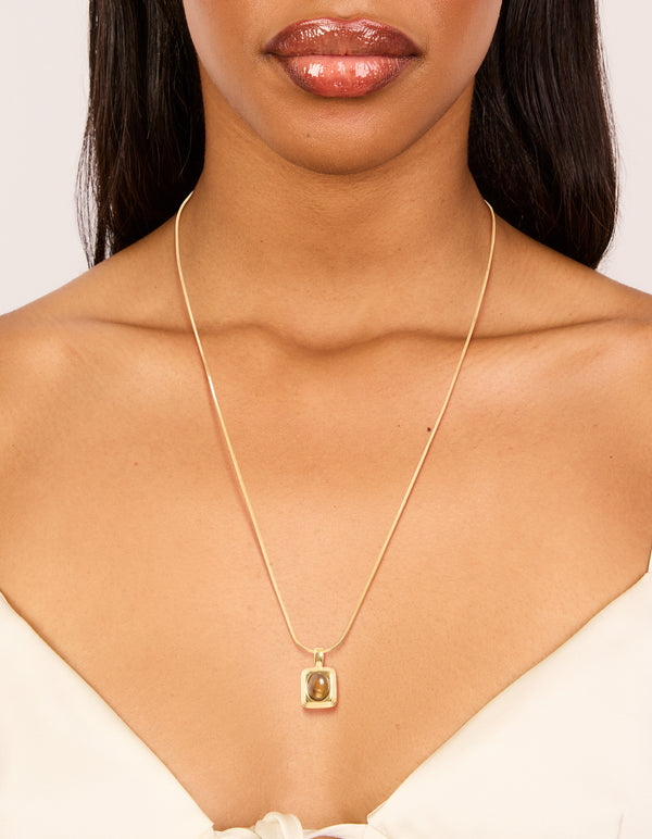 Waterproof Gold Plated Stainless Steel Tigers Eye Semi Precious Stone Disc Necklace