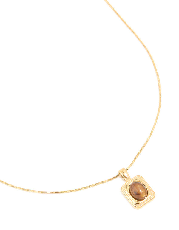 Waterproof Gold Plated Stainless Steel Tigers Eye Semi Precious Stone Disc Necklace