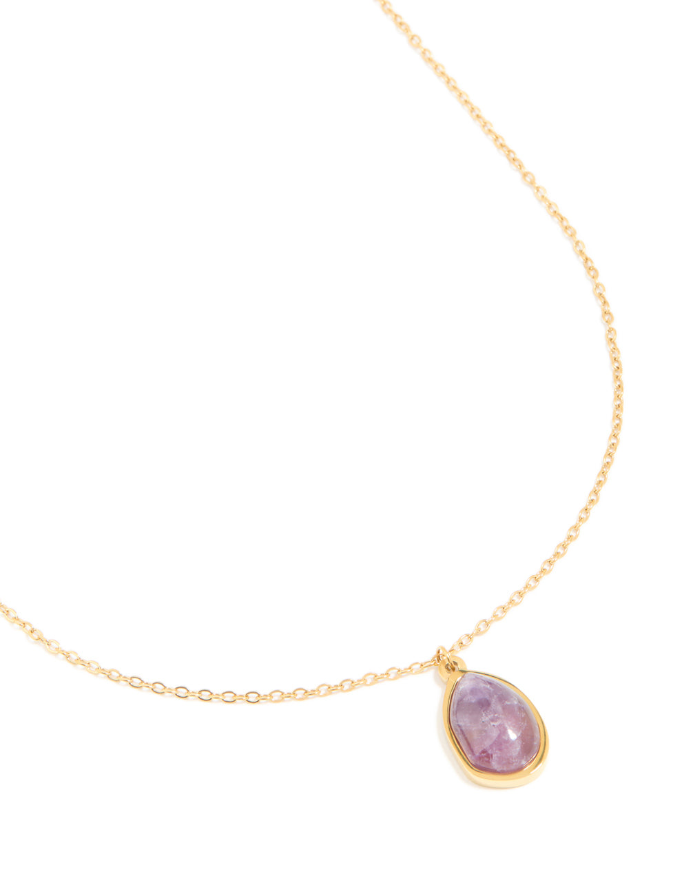 Showcasing a waterproof dainty necklace crafted from gold plated stainless steel with amethyst pendant in purple close up view