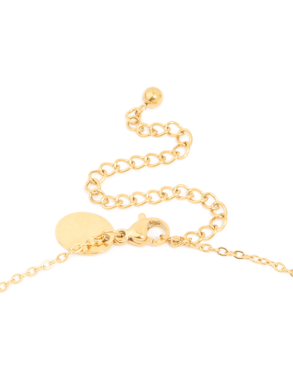 Highlighting a waterproof dainty necklace crafted from gold plated stainless steel with amethyst pendant in purple clasp detail view