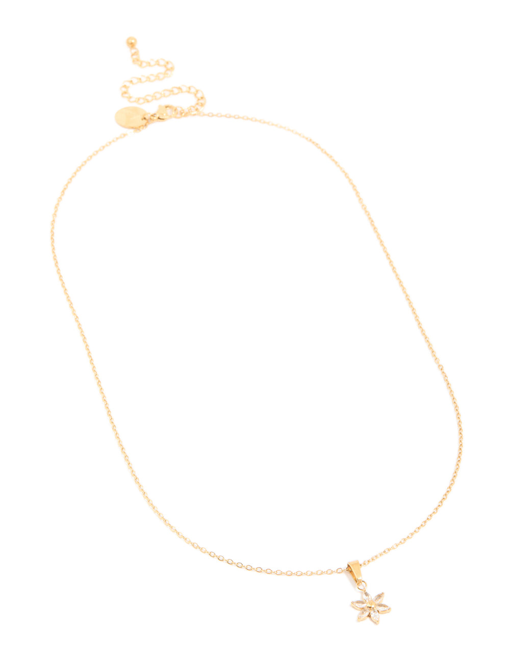 Stunning waterproof floral pendant necklace in gold plated stainless steel featuring cubic zirconia crystals front view