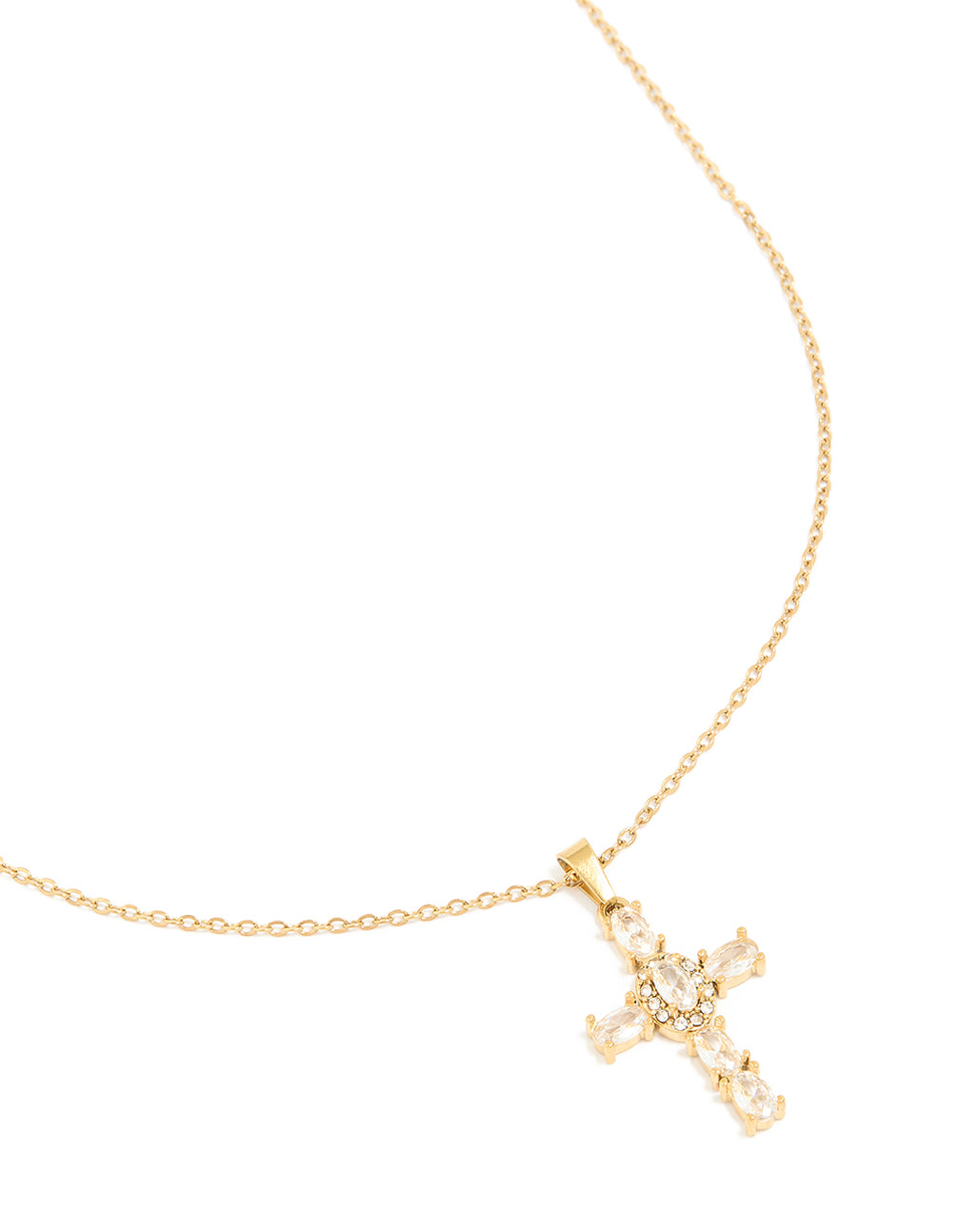 Featuring a waterproof gold plated stainless steel cubic zirconia cross necklace with pendant and dainty design close up view