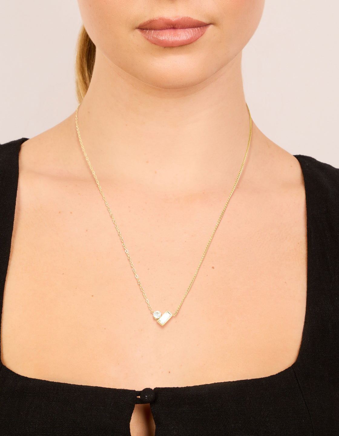 Waterproof Gold Plated Stainless Steel Cubic Zirconia Baguette & Round Pendant Necklace