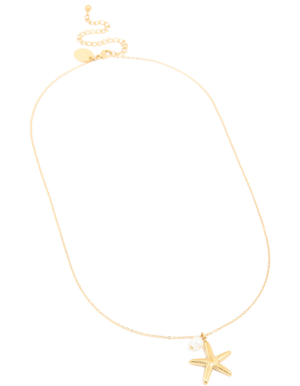 Designed with waterproof gold plated stainless steel featuring starfish charm and pearl dainty pendant necklace front view