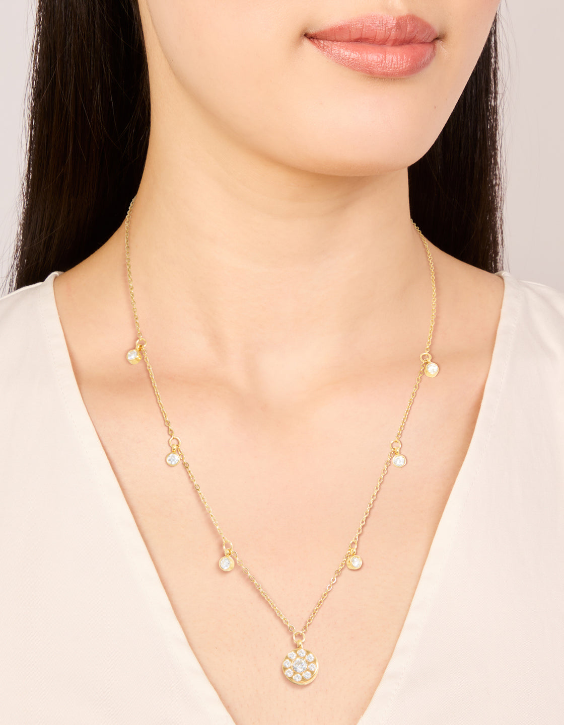 Waterproof Gold Plated Stainless Steel Cubic Zirconia Droplet Pendant Necklace
