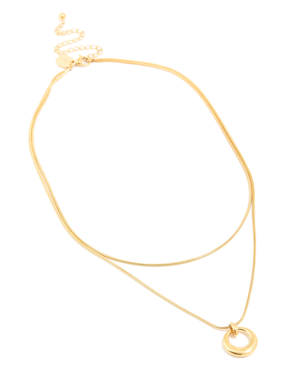 Showcasing a waterproof snake chain layered necklace with open circle pendant in gold plated stainless steel front view
