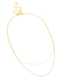 Waterproof Gold Plated Stainless Steel Pearl Beaded & Chain Layered Necklace - link has visual effect only