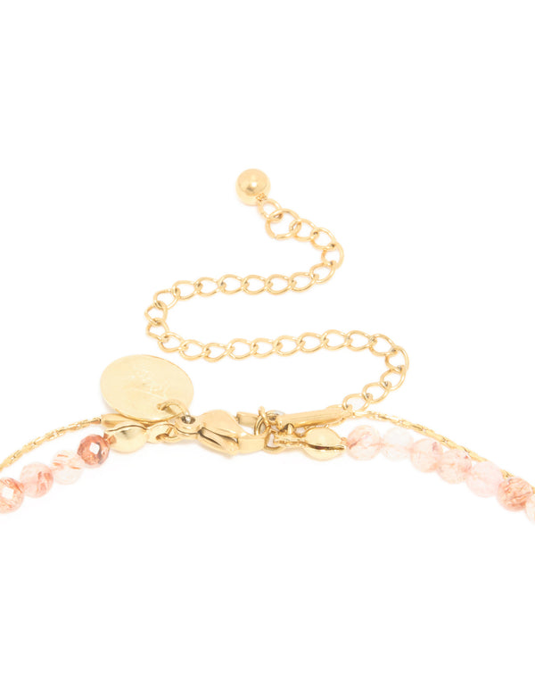 Waterproof Gold Plated Stainless Steel Rose Quartz Semi Precious Stone & Celestial Layered Necklace