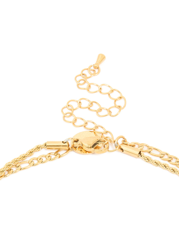 Waterproof Gold Plated Stainless Steel Tigers Eye Semi Precious Stone Cross Chain Layered Necklace