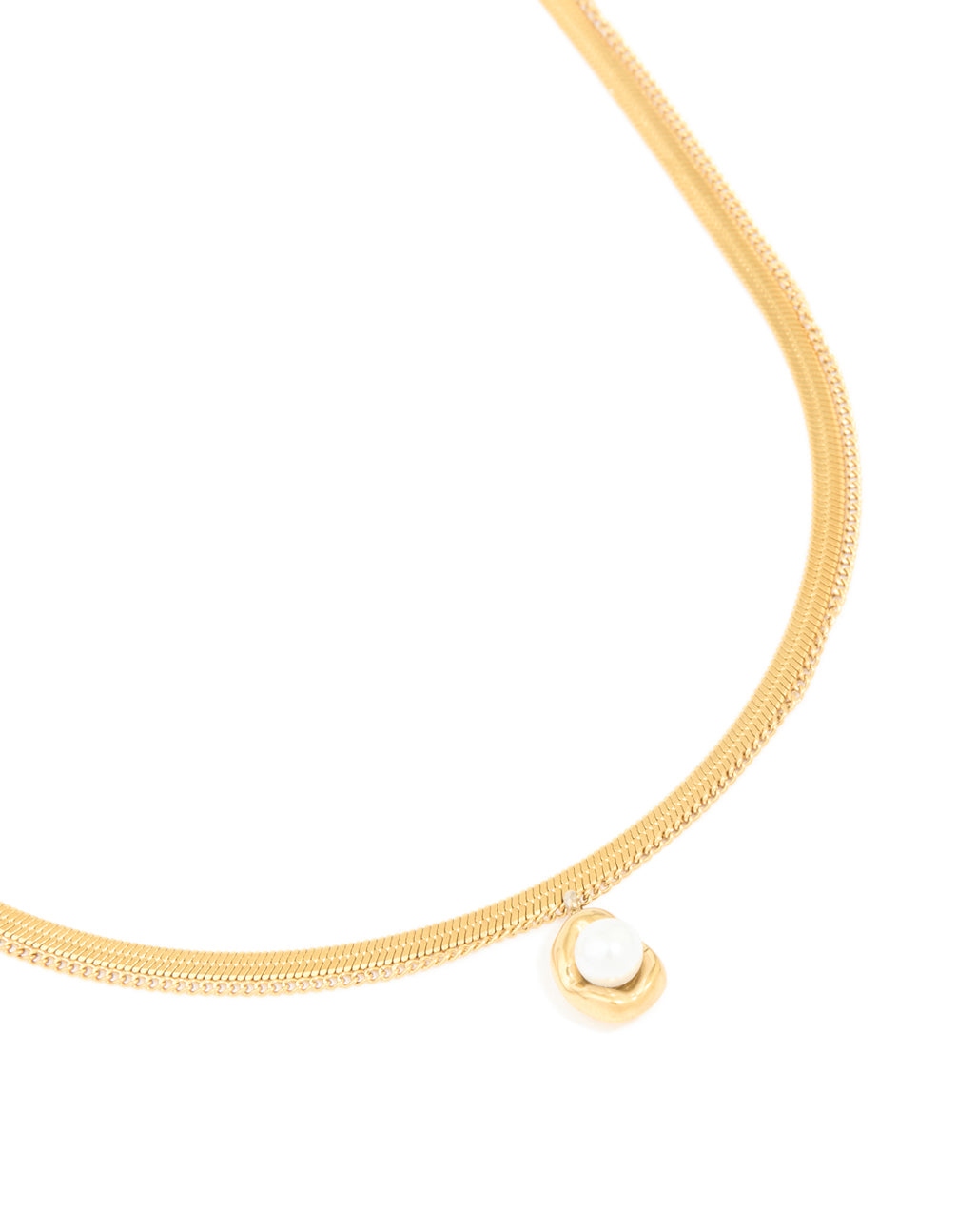 Discover a waterproof gold plated stainless steel pearl and snake chain layered necklace close up view