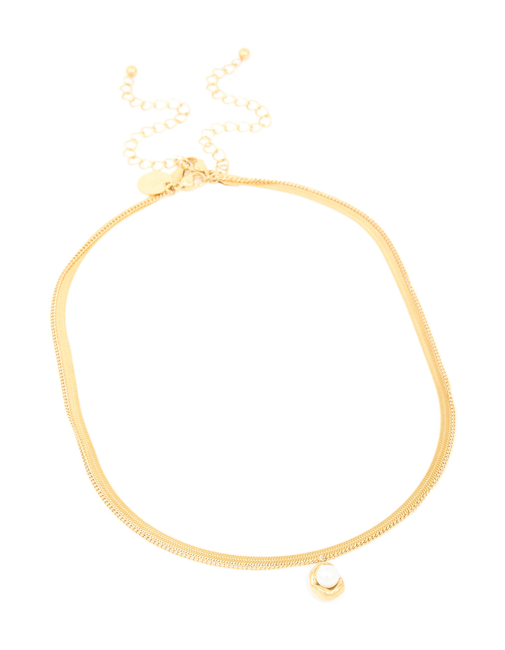 Showcasing a waterproof gold plated stainless steel pearl and snake chain layered necklace front view