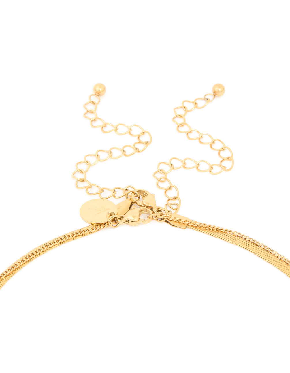 Explore a waterproof gold plated stainless steel pearl and snake chain layered necklace clasp detail view
