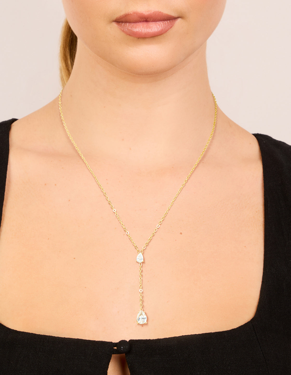 Waterproof Gold Plated Stainless Steel Cubic Zirconia Teardrop Y-Necklace