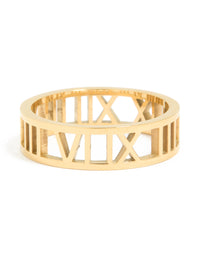 Waterproof Gold Plated Stainless Steel Cut Out Roman Numeral Ring - link has visual effect only