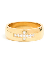 Waterproof Gold Plated Stainless Steel Cubic Zirconia Pave Cross Thick Ring - link has visual effect only