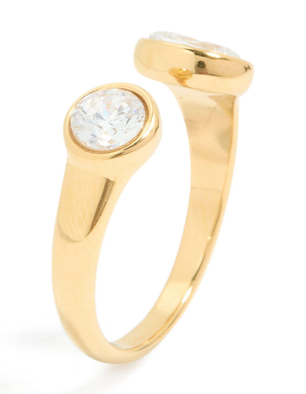 Highlighting a waterproof open ring in gold plated stainless steel with oval and round cubic zirconia featuring structural band details side detail view
