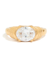 Waterproof Gold Plated Stainless Steel Oval Cubic Zirconia Ribbed Ring - link has visual effect only