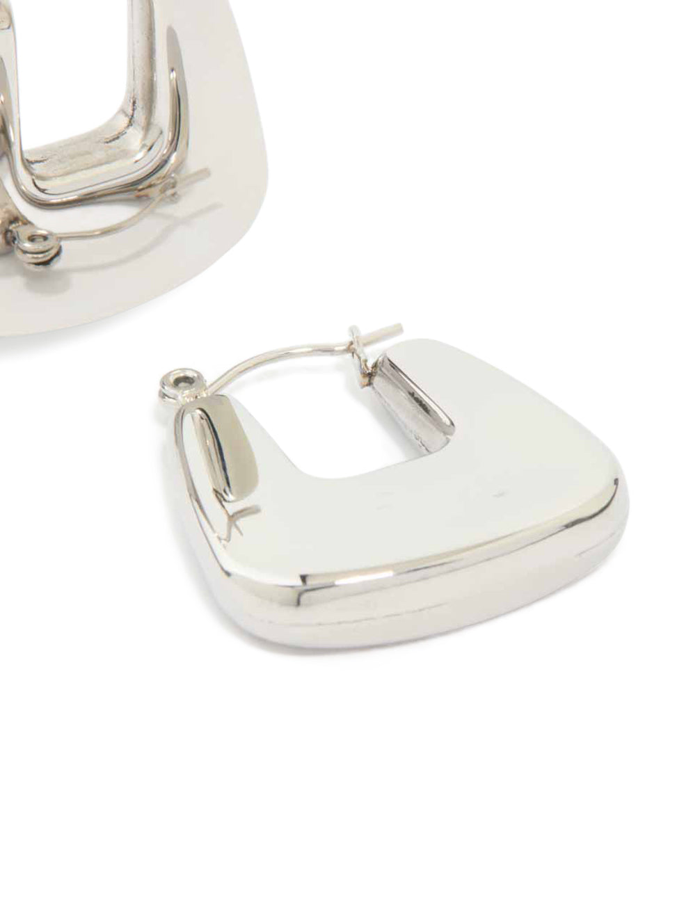 Designed with waterproof stainless steel rounded square hoop earrings in silver close up view