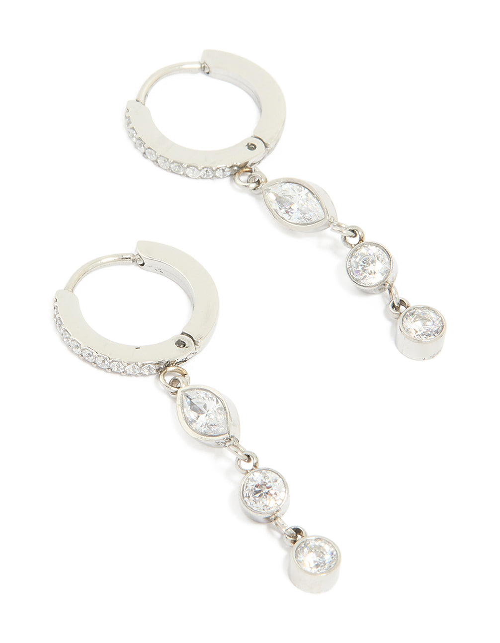 Showcasing waterproof stainless steel cubic zirconia huggie drop earrings in silver and clear stone front view