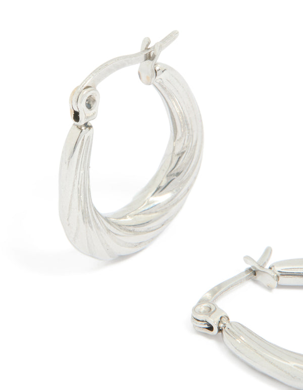 Waterproof Textured Stainless Steel Oval Hoop Earrings